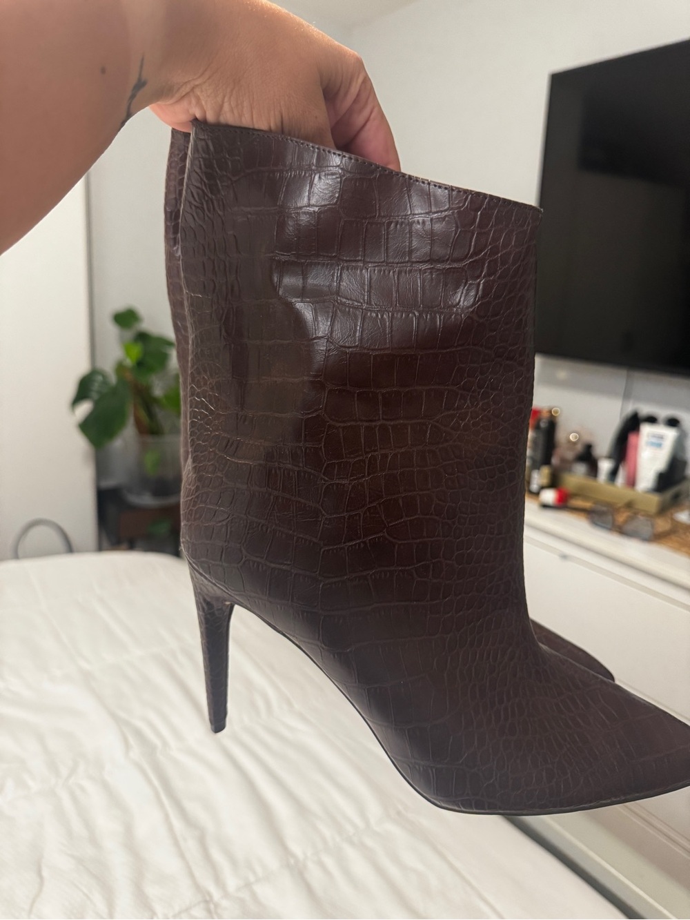 Express Croc-Embossed Pointed Toe Stiletto Boot - Dark Brown